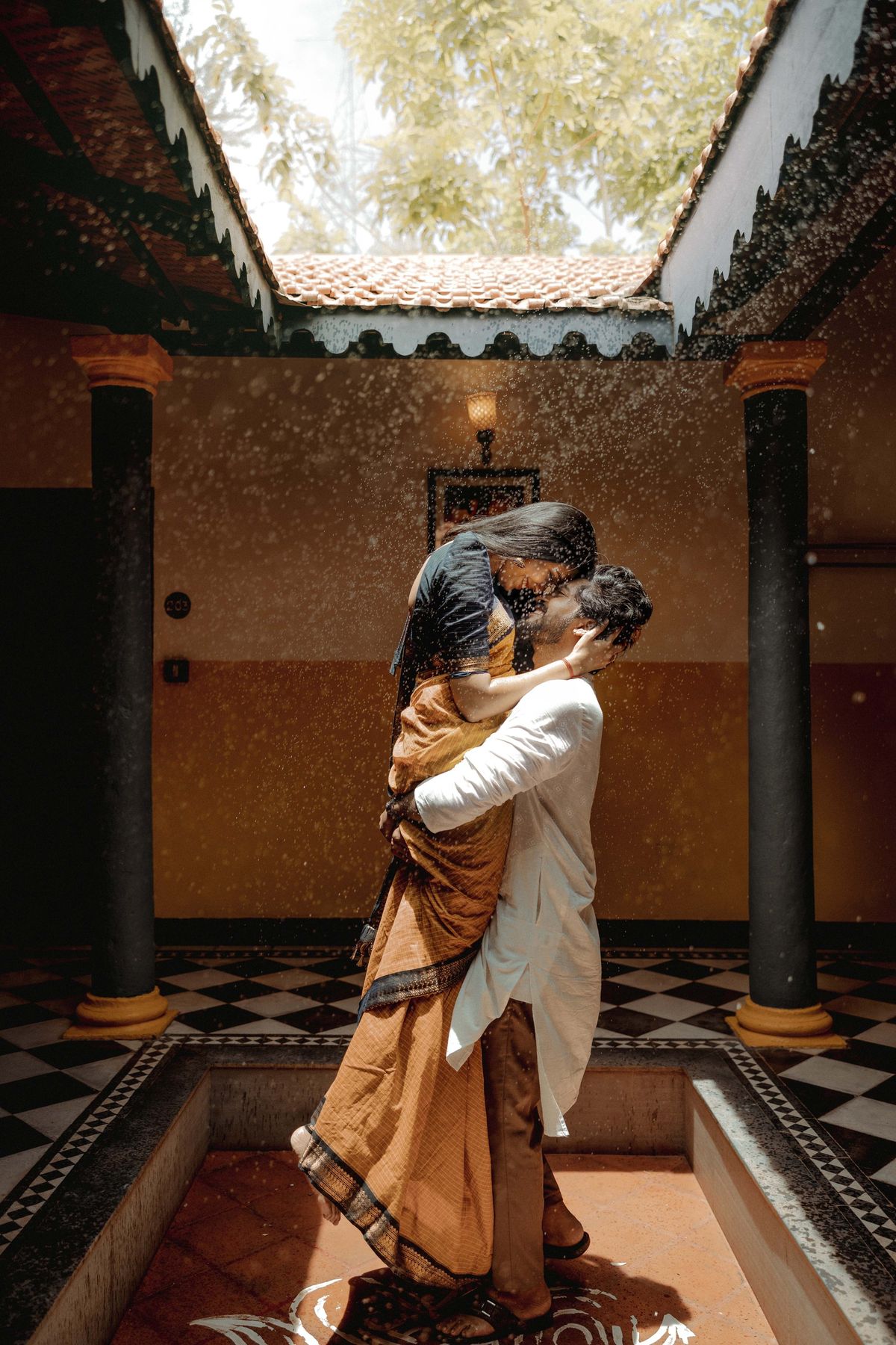 Couple in golden hour pre-wedding shoot
